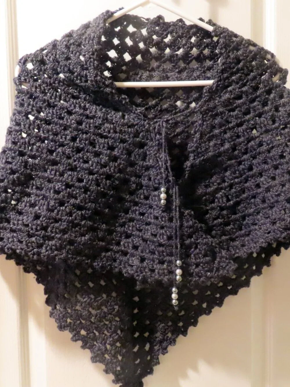 Hand crocheted black wool shawl